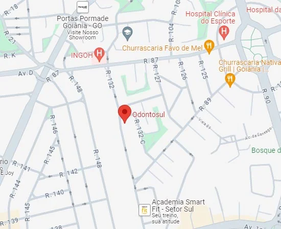 Mapa da localização da Clínica Odontosul, na Rua 132 nº 189, Setor Sul, Goiânia – GO